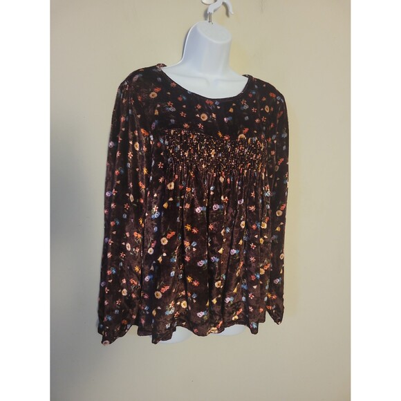 Anthro Seen Worn Kept Brown Floral Velour Long Sleeve Flowy Top Sz M - Picture 4 of 7